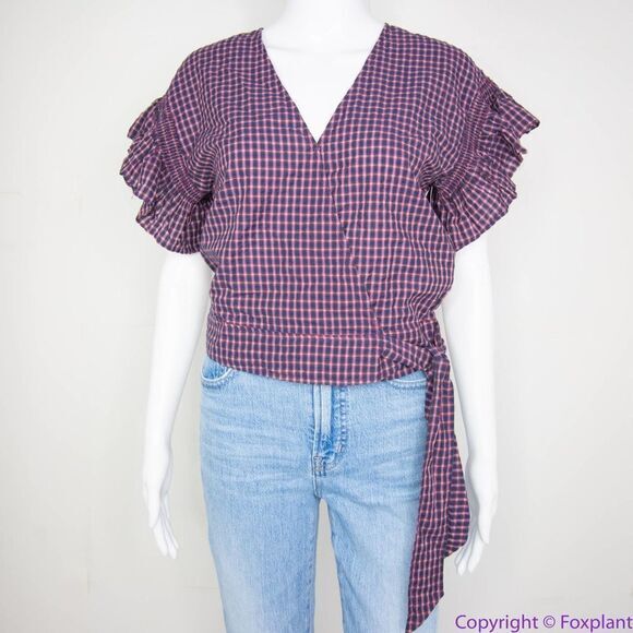NEW Madewell Flutter-Sleeve Side-Tie‎ Wrap Top in Plaid, S - Picture 3 of 14